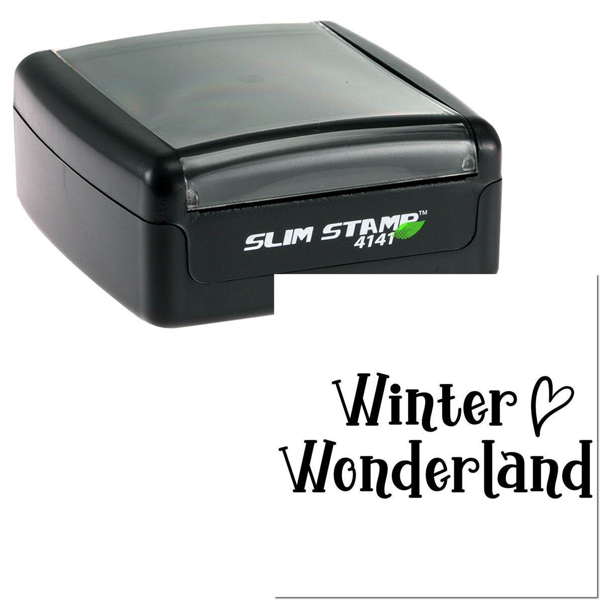 Black self-inking stamp and seal with translucent gray top, showing Winter Wonderland in black script.