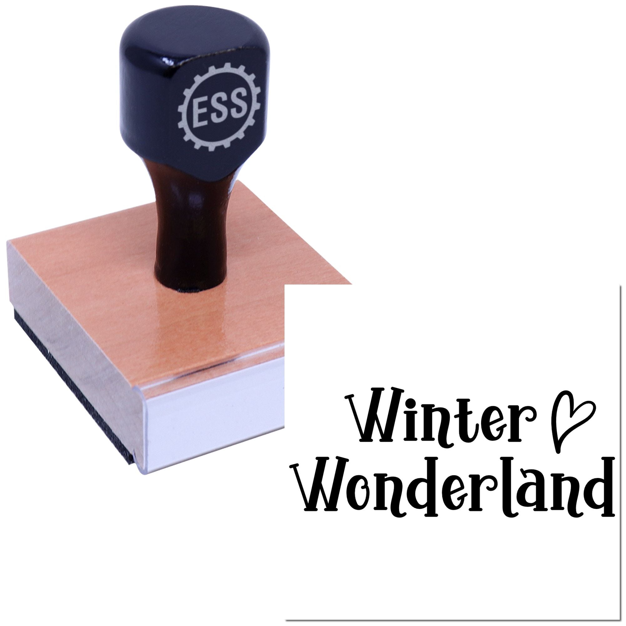 Black ESS stamp and seal on a wooden block, with white Winter Wonderland design in decorative script.