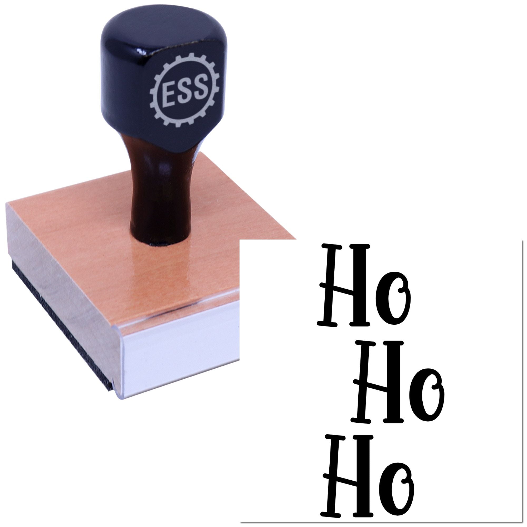 Dark blue ESS rubber stamp and seal on a square base, with black Ho impressions on white card.