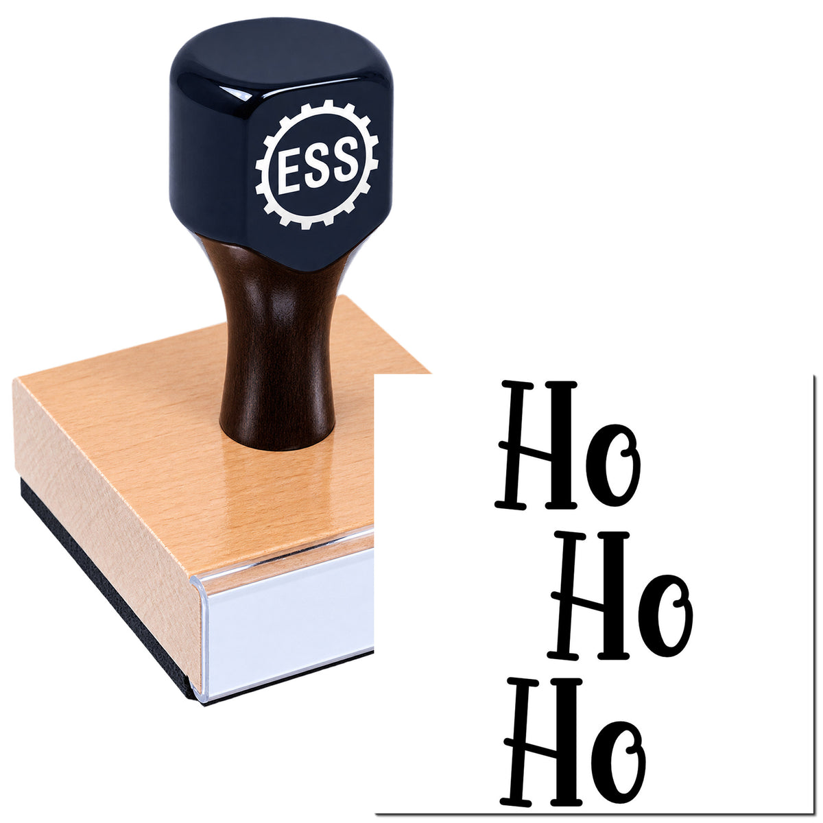 Dark blue ESS rubber stamp and seal on a square base, with black Ho impressions on white card.