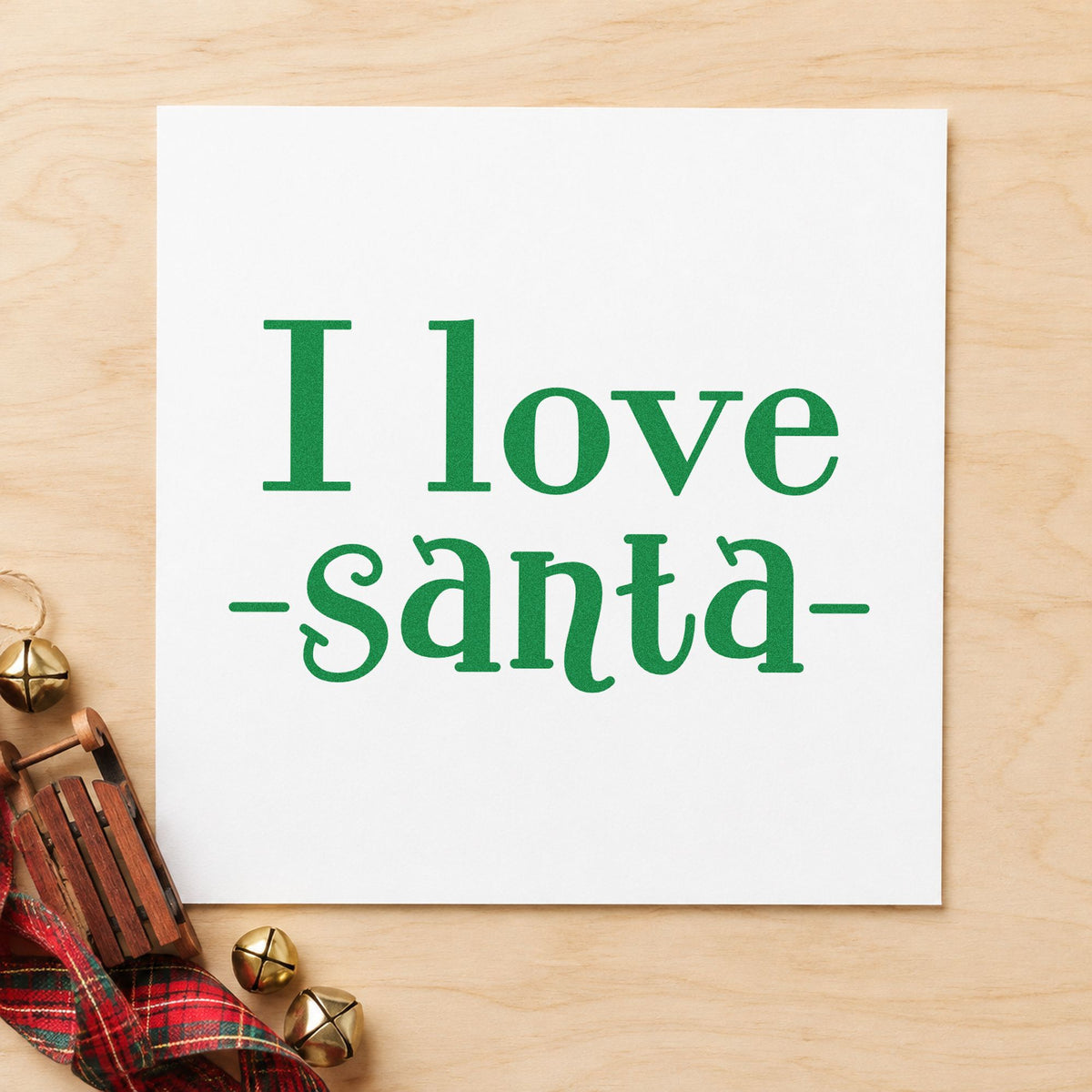 I Love Santa craft stamp imprint in green ink on a handmade project, one idea being collector gift tags.