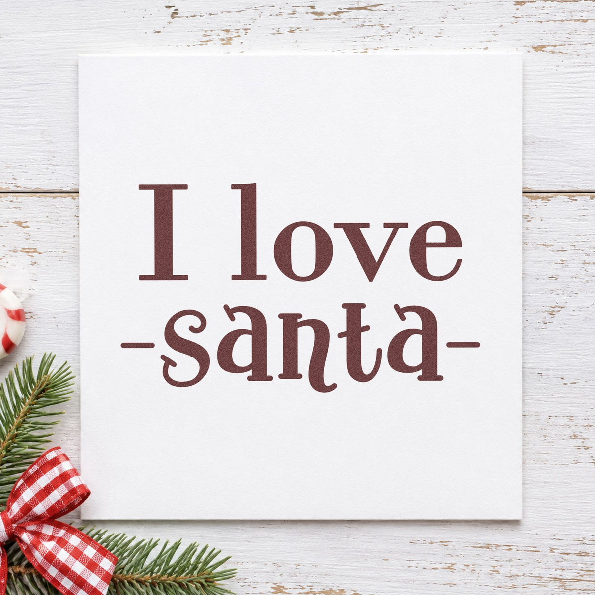 I Love Santa rubber stamp printed in brown ink, ready for catalog list sheet and similar paper crafts.