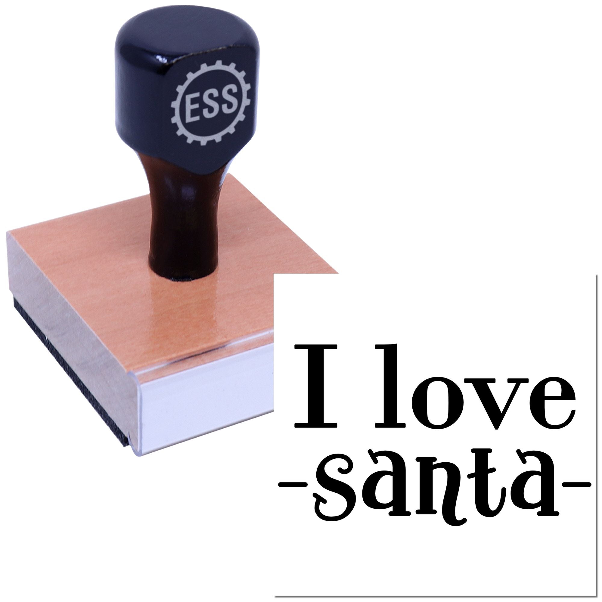 Dark blue ESS rubber stamp and seal on a square base, with sample imprint reading I love Santa in black.
