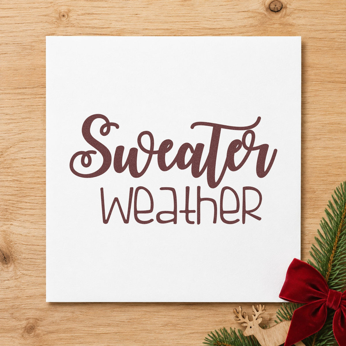 Sweater Weather Script rubber stamp printed in brown ink, ready for pattern notes sheet and similar paper crafts.