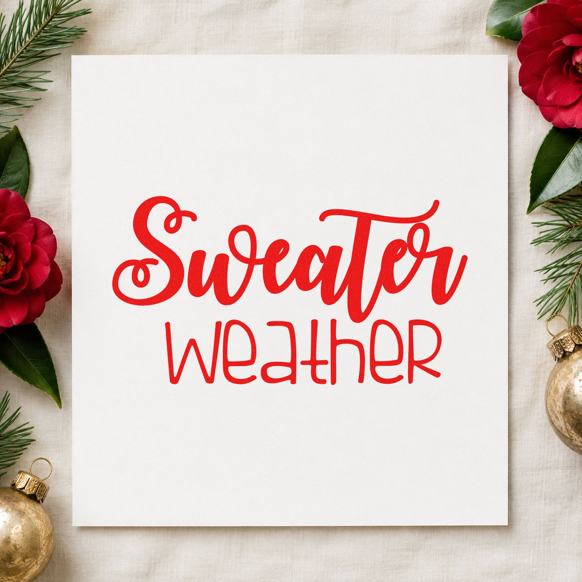 Sweater Weather Script rubber stamp shown in red ink, stamped for projects such as fiber bin labels.