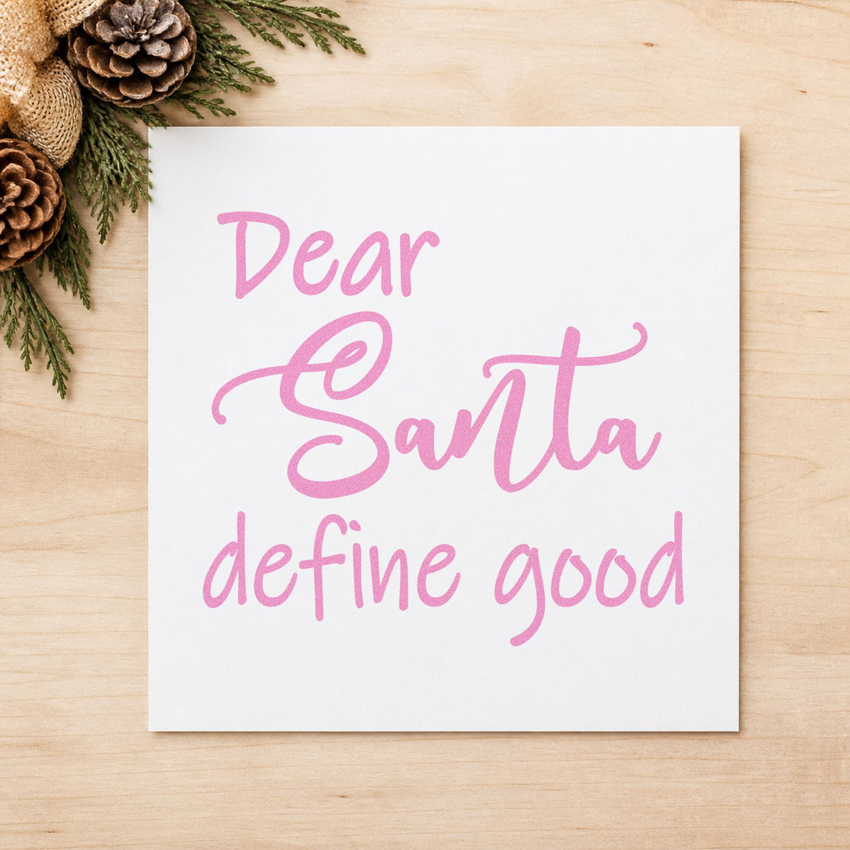 Dear Santa Define Good Script craft stamp in purple ink on cardstock, an easy option for work year album page.