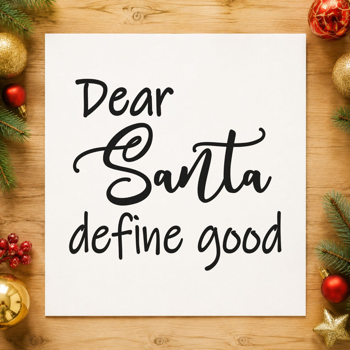 Dear Santa Define Good Script rubber stamp printed in black ink, ready for define good query cards and similar paper crafts.