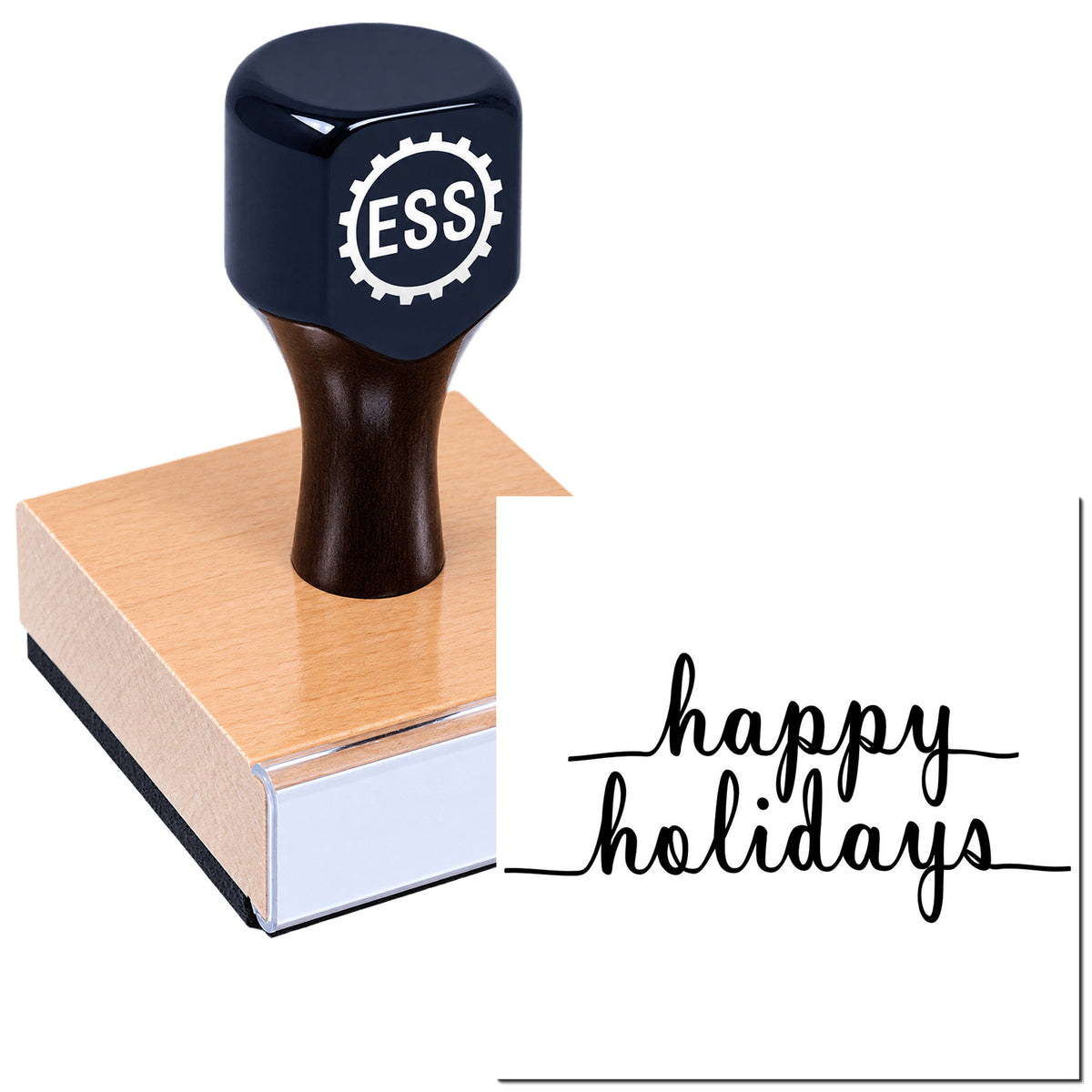 Navy blue ESS stamp and seal on a peach rubber block beside a white happy holidays design.