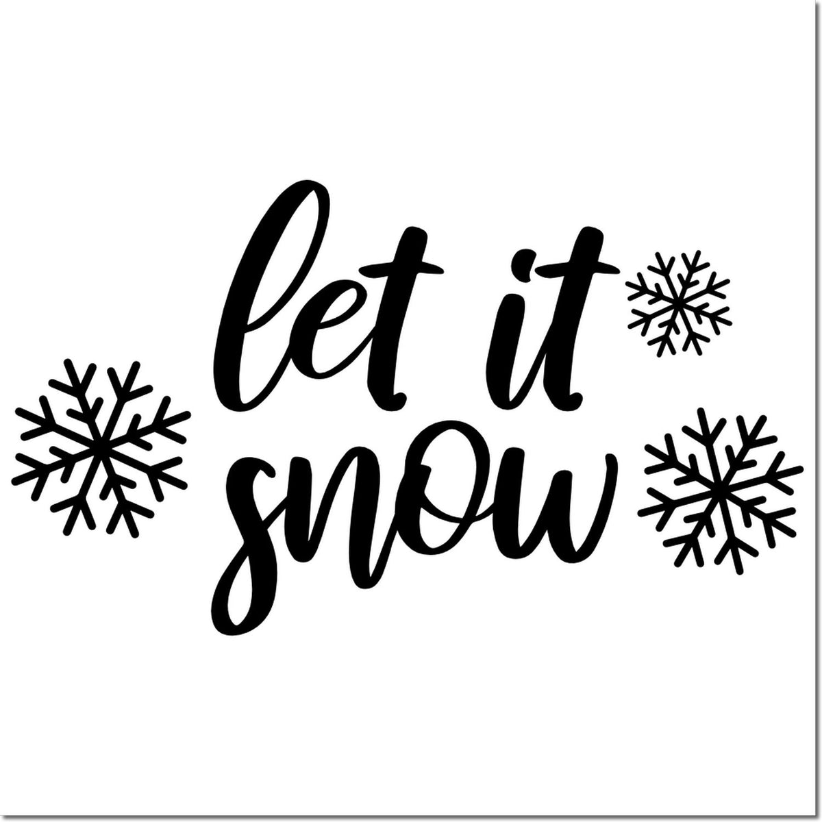 Black let it snow stamp design with three snowflakes on a white background for seasonal seals.