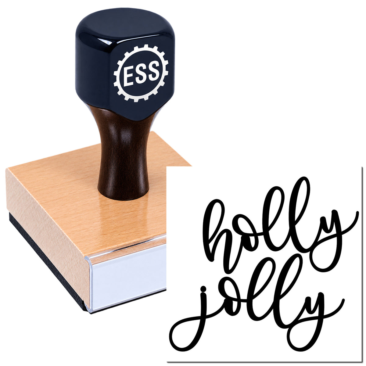Dark navy ESS rubber stamp on a wood block with black Holly Jolly script seal on white background.