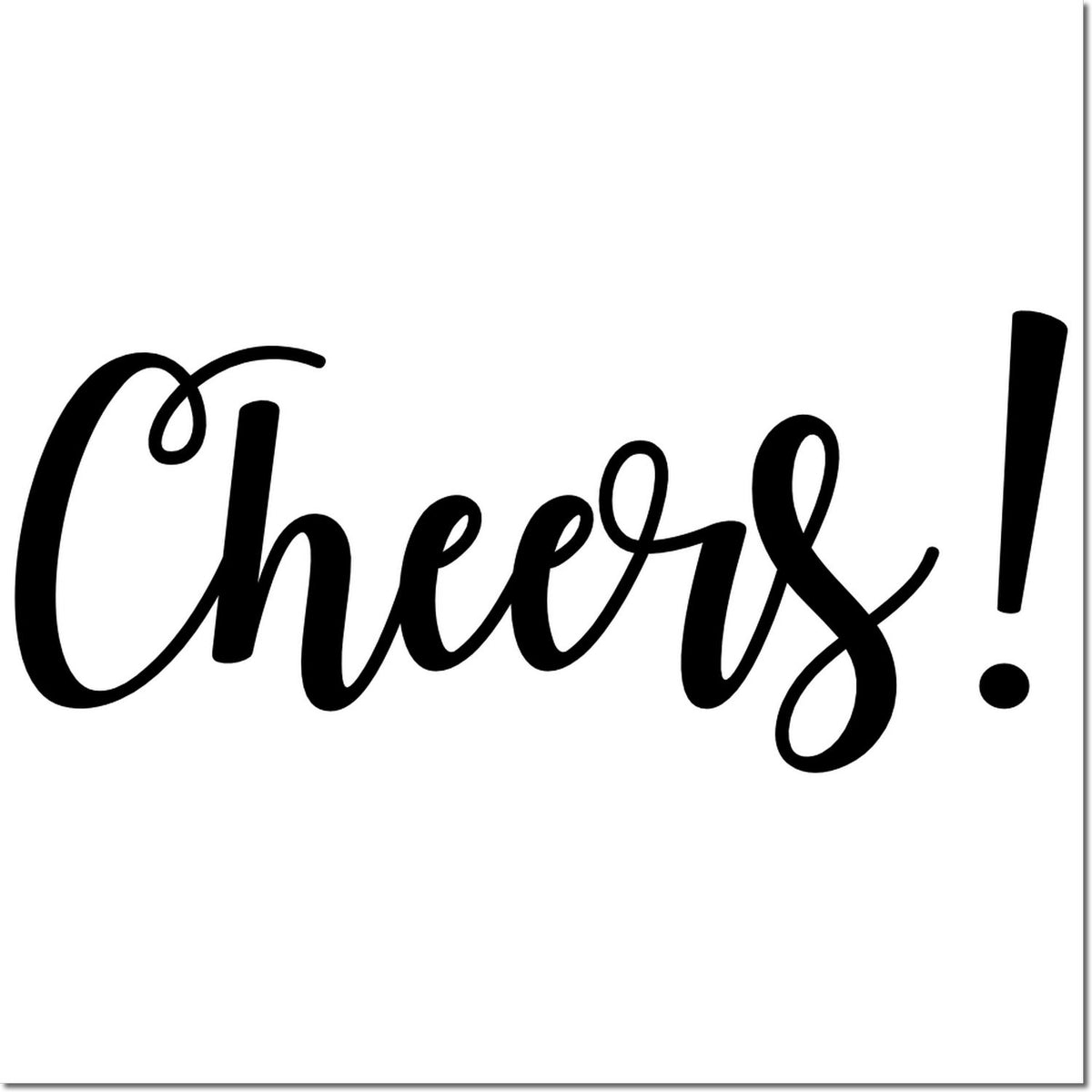 Black Cheers! script rubber stamp design with exclamation mark on white background