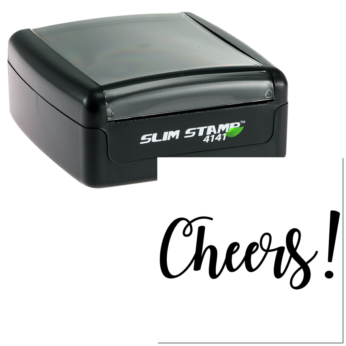 Black Slim Stamp 4141 self-inking stamp and seal with Cheers! in bold script on white background