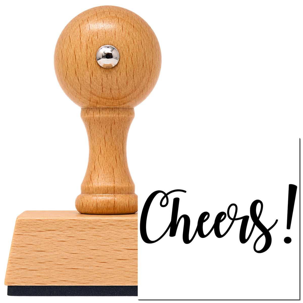 Vintage Pro beech wood stamp with a round knob handle, shown with its black Cheers Flowing Script Lettering imprint on white.