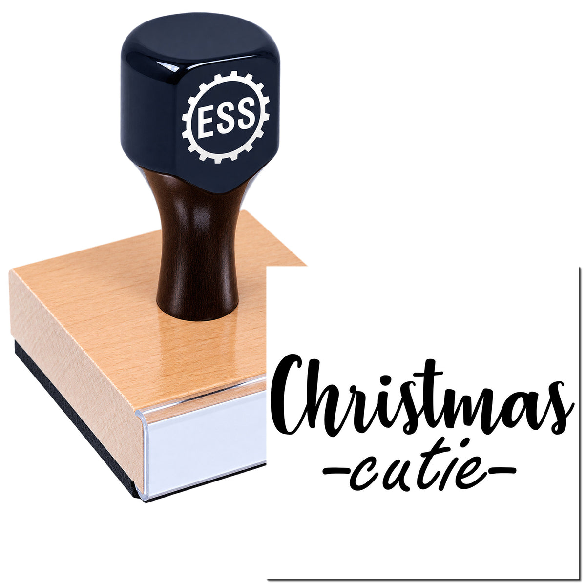 Black ESS custom stamp and seal on a peach block, with a white Christmas-cutie label