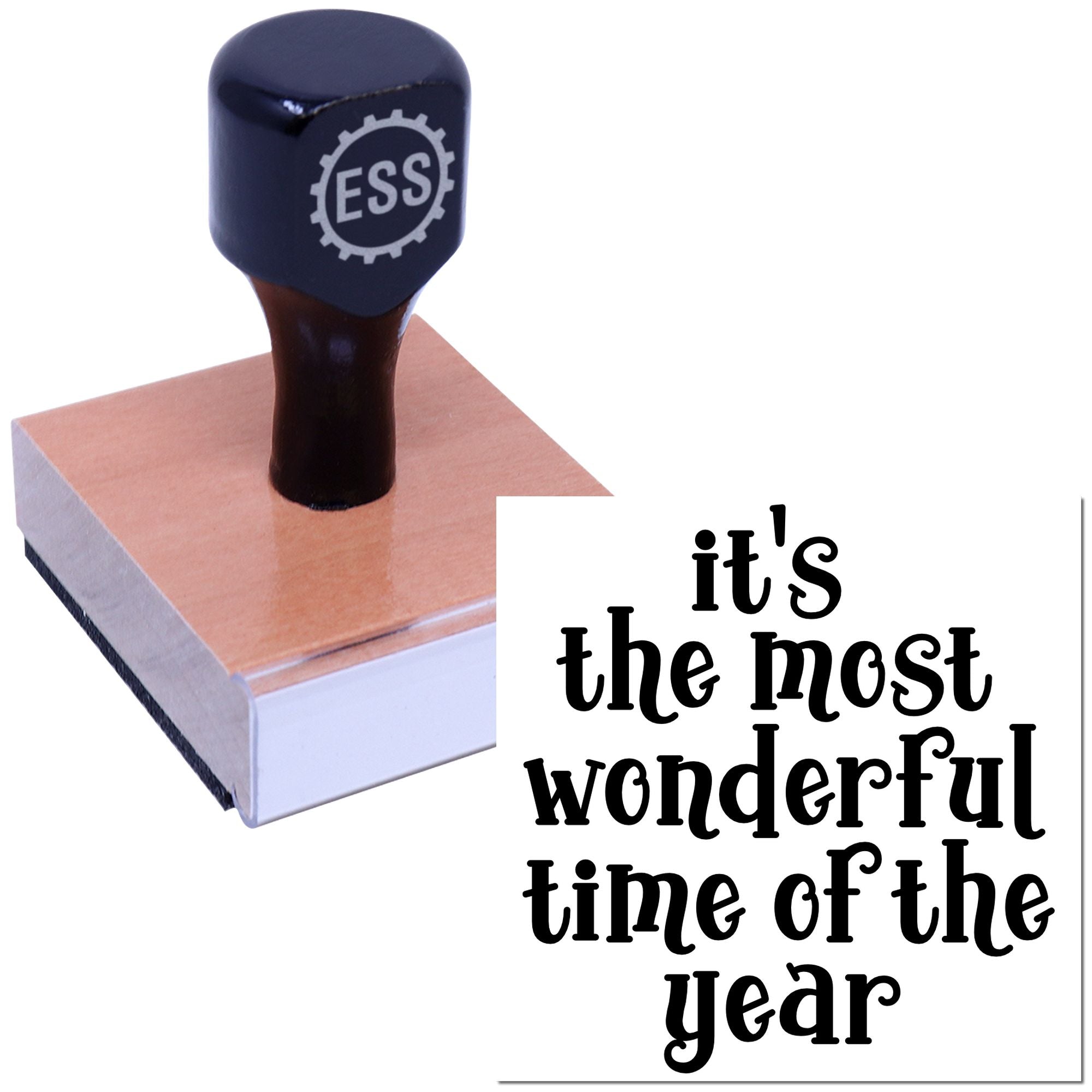 Dark blue ESS stamp on a pink seal block, with black holiday lettering reading its the most wonderful time of the year.