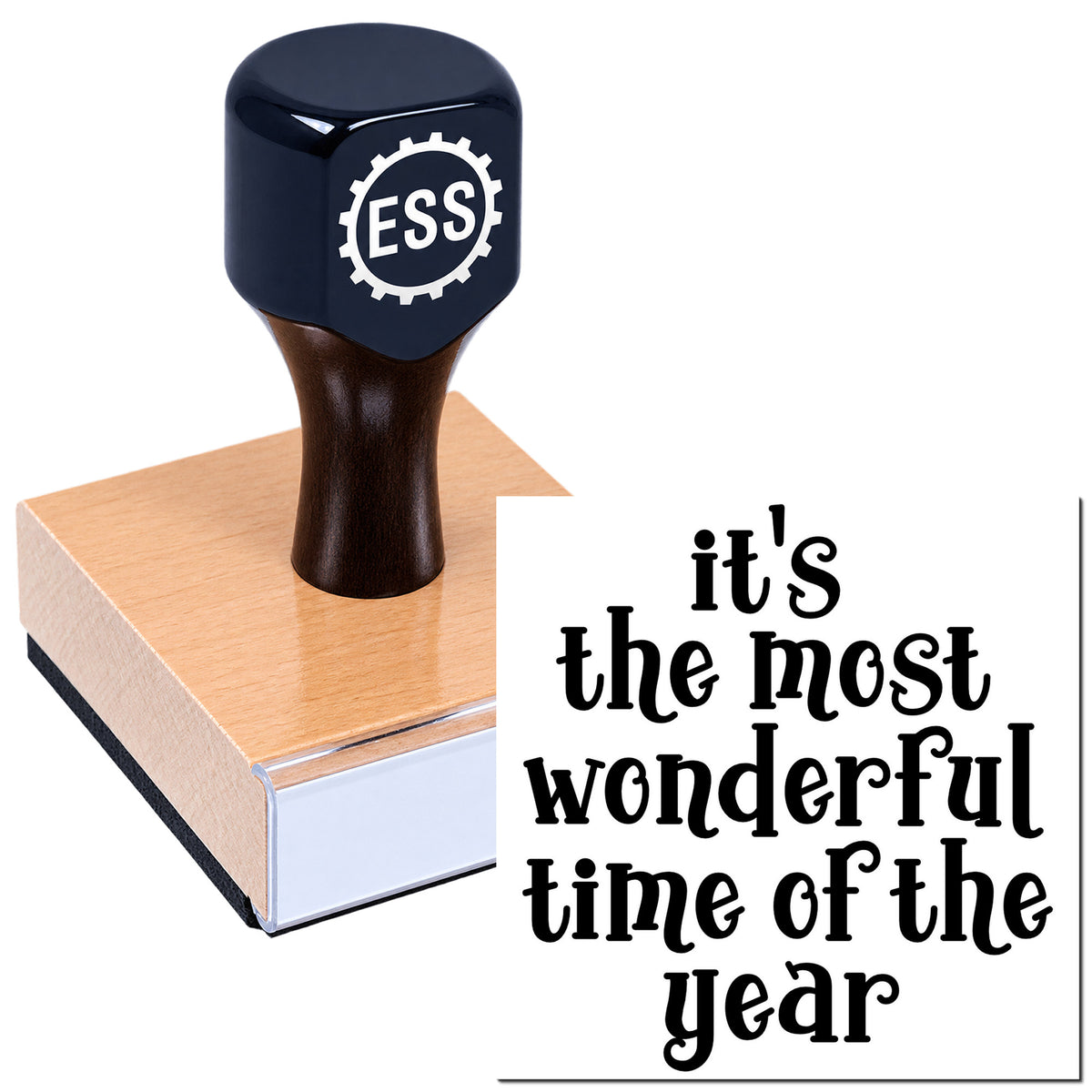 Dark blue ESS stamp on a pink seal block, with black holiday lettering reading "it's the most wonderful time of the year."