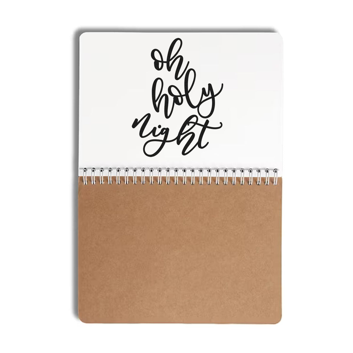 Black Oh Holy Night stamp and seal design on a white-and-kraft brown spiral notebook cover