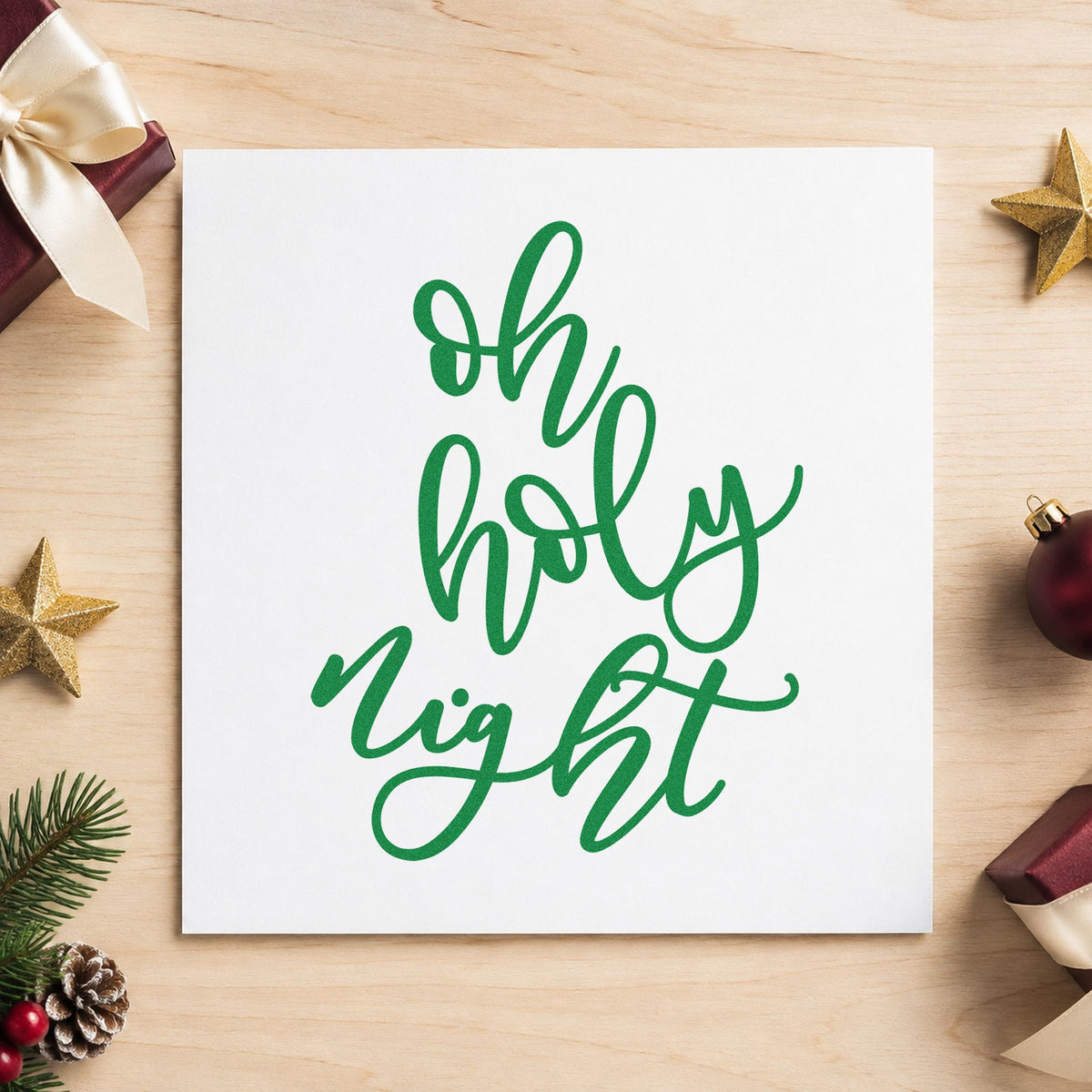 Oh Holy Night Script craft stamp imprint in green ink on a handmade project, one idea being evening vigil programs.