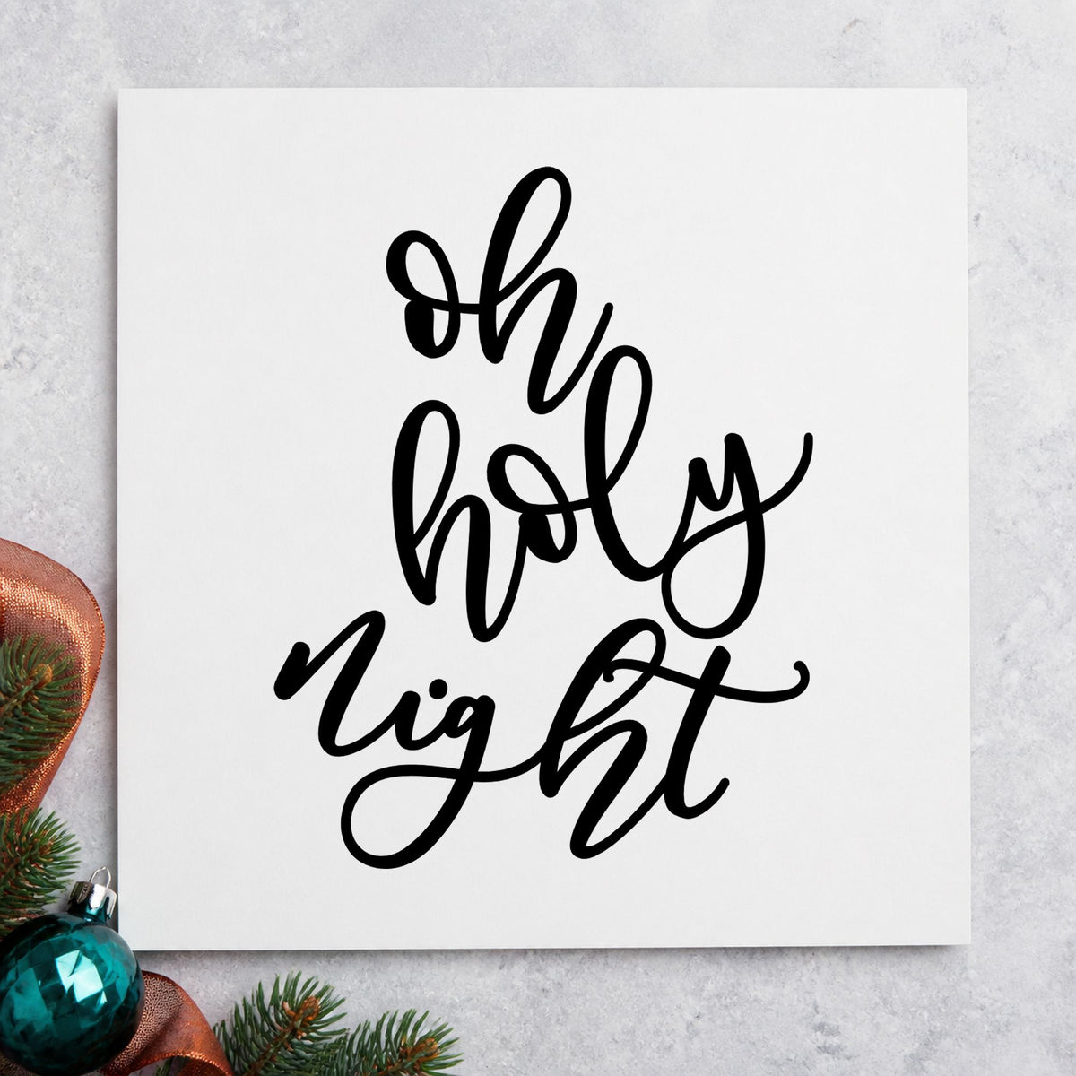 Oh Holy Night Script rubber stamp printed in black ink, ready for loose slant cards and similar paper crafts.