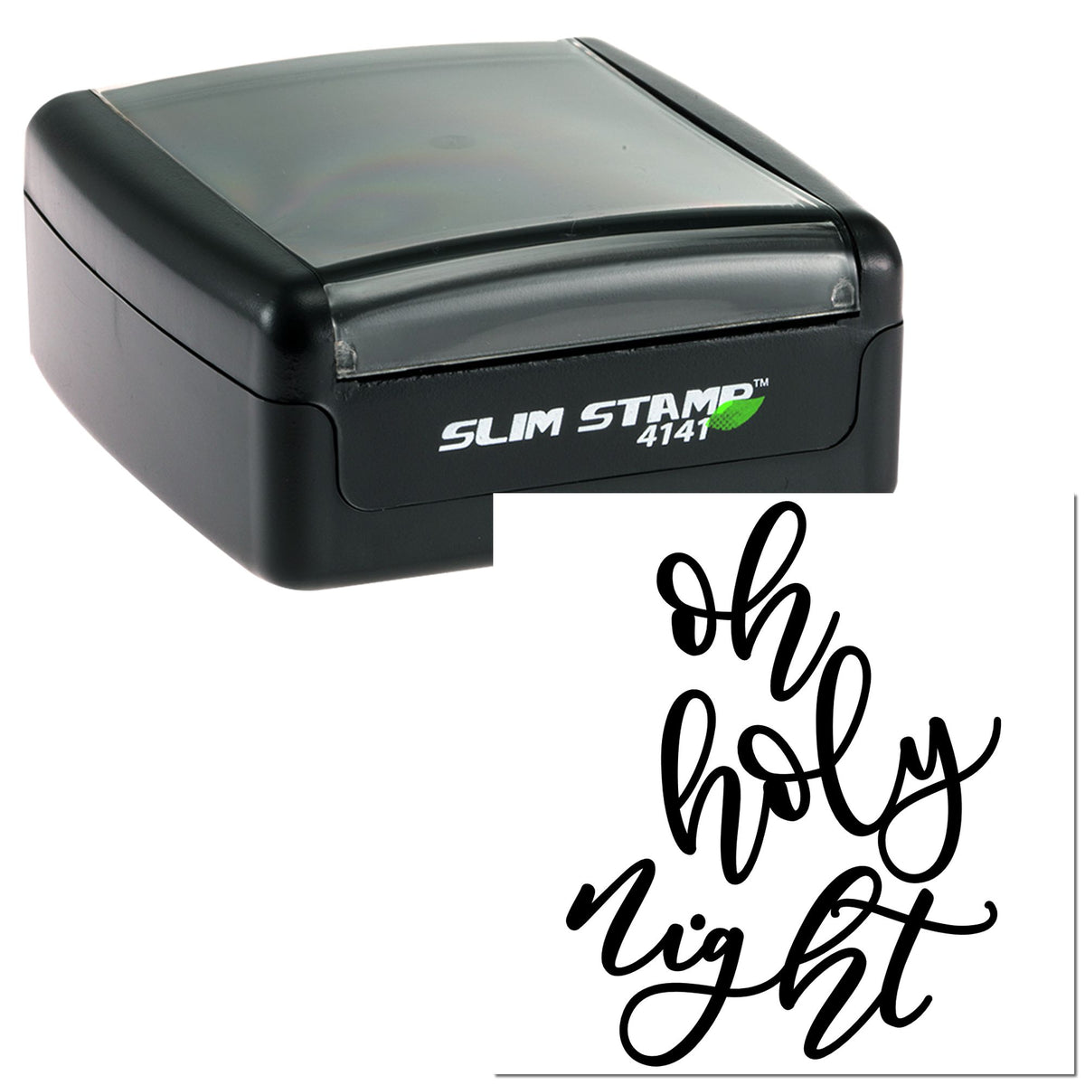 Black Slim Stamp 4141 self-inking stamp with translucent gray cover and black script seal impression on white background