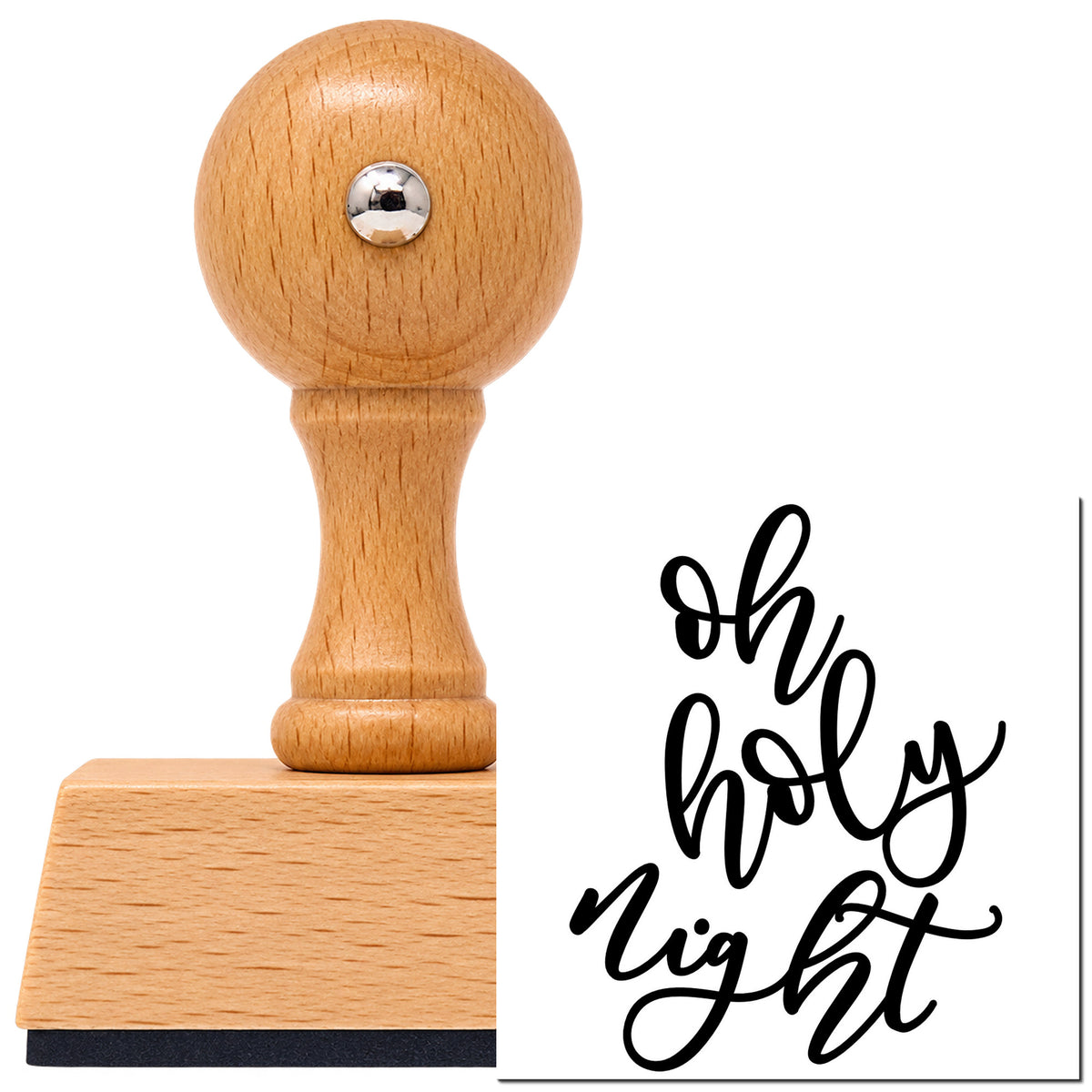 Vintage Pro beech wood stamp with a round knob handle, shown with its black Oh Holy Night Script imprint on white.