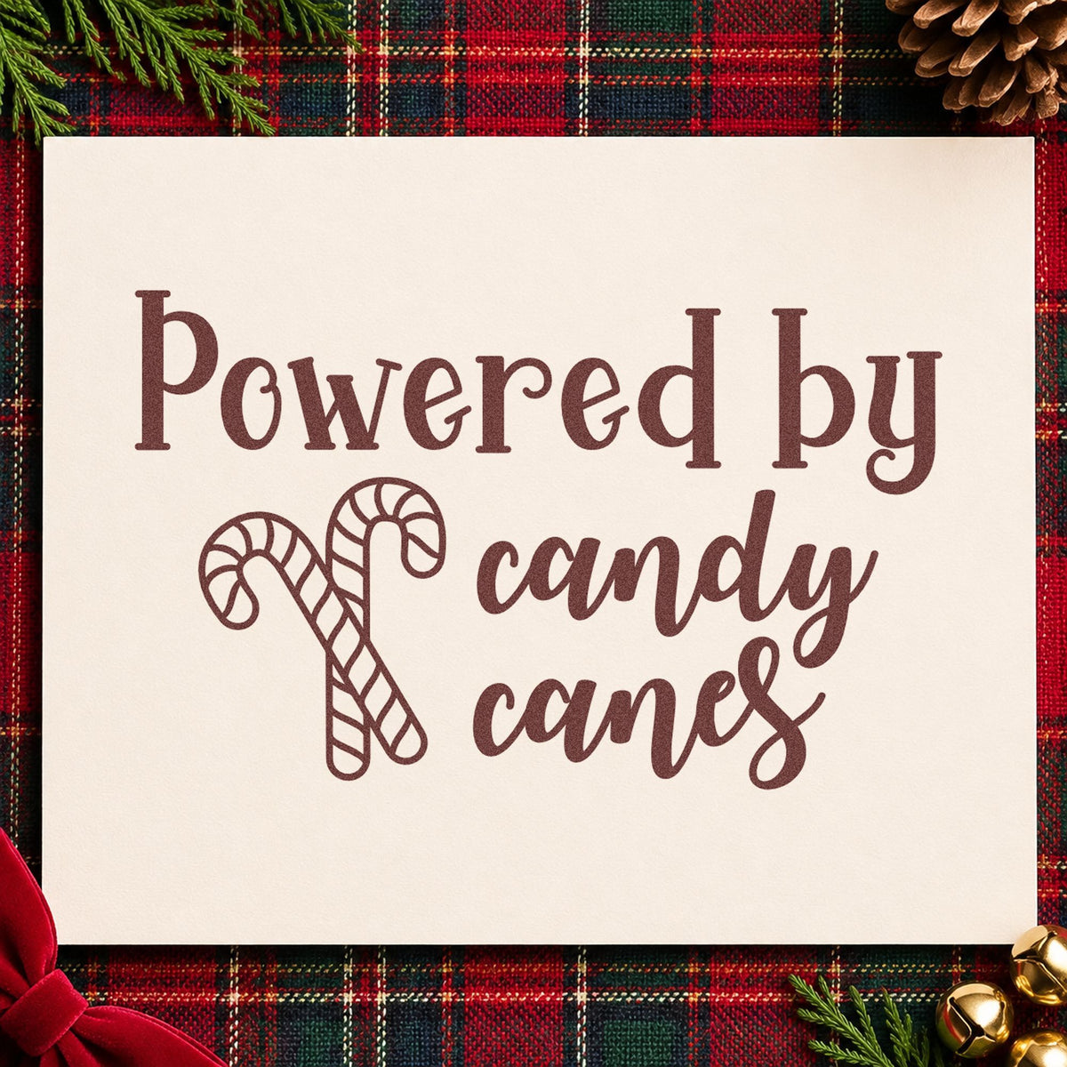 Powered By Candy Canes rubber stamp printed in brown ink, ready for sugar work log sheet and similar paper crafts.