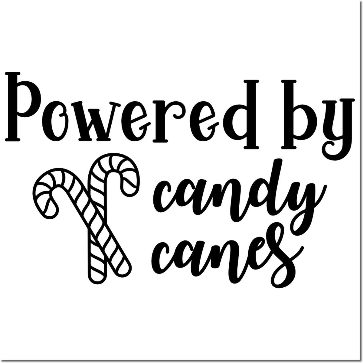 Black decorative stamp/seal design reading Powered by candy canes with striped candy cane graphic on white background.