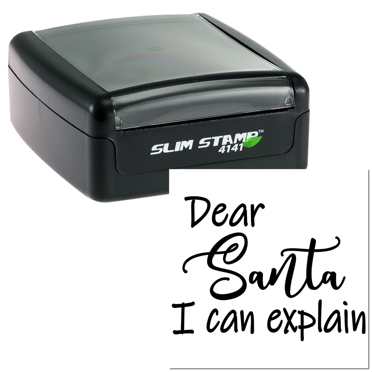 Black Slim Stamp 4141 self-inking stamp and seal with clear lid, showing a white paper impression reading Dear Santa.