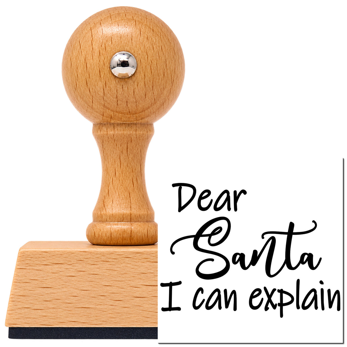 Vintage Pro beech wood stamp with a round knob handle, shown with its black Dear Santa I Can Explain imprint on white.