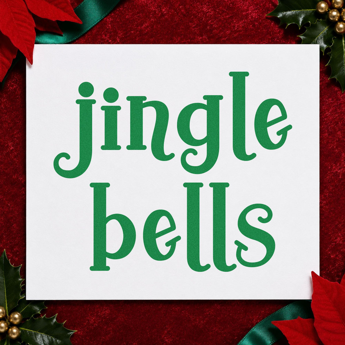 Jingle Bells Serif craft stamp imprinted in green ink on paper, a design suited to framed rehearsal hall.