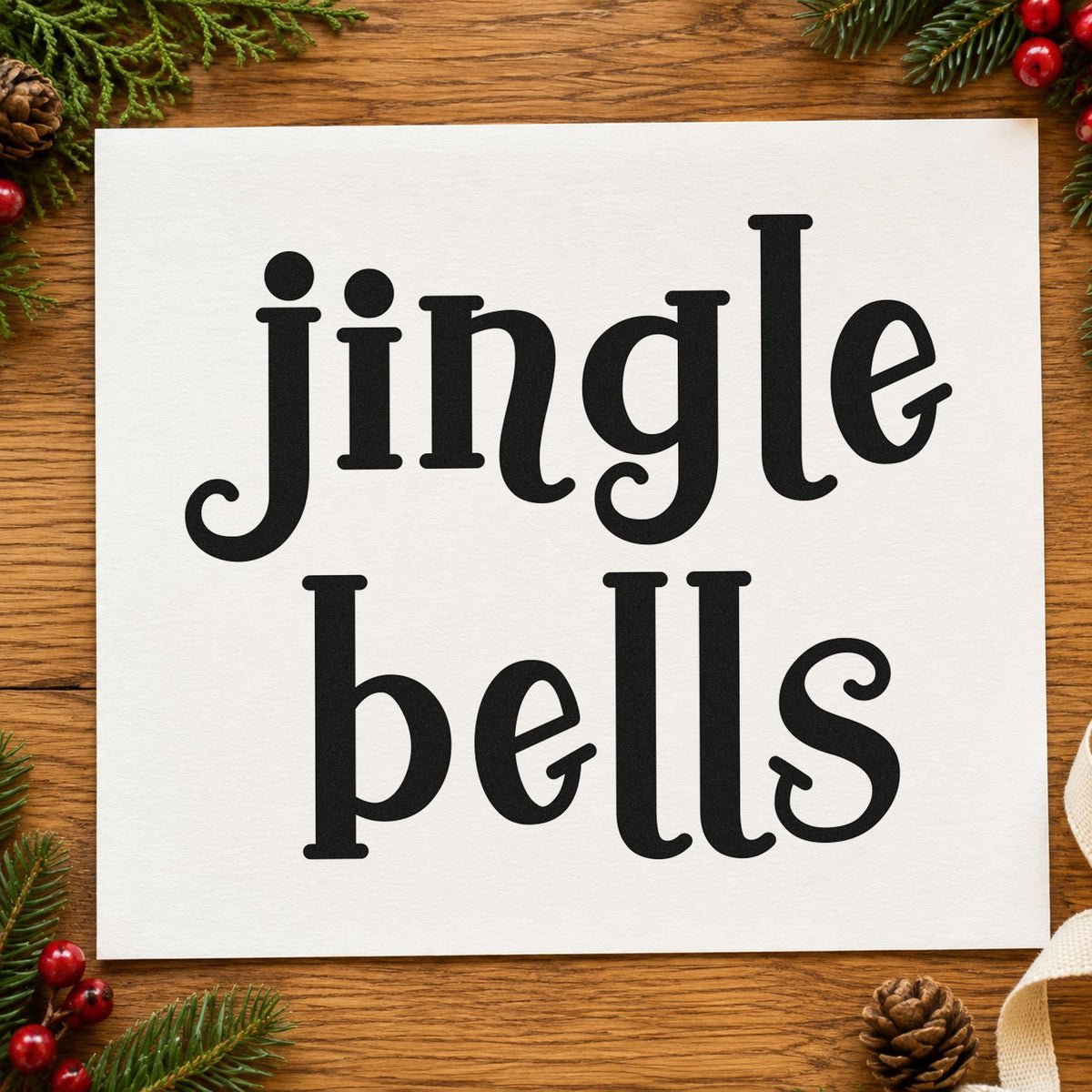 Jingle Bells Serif rubber stamp printed in black ink, ready for serif bells cards and similar paper crafts.
