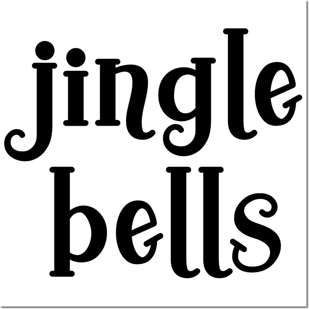 Black decorative jingle bells stamp text in bold black on white, for festive seal or stamp products.