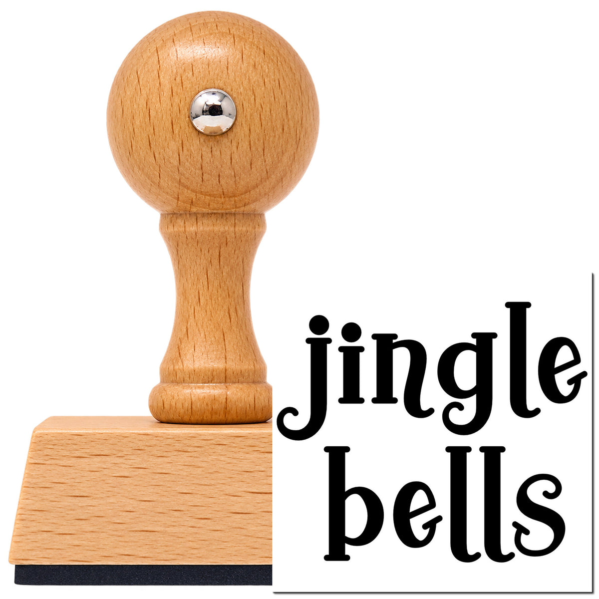Vintage Pro beech wood stamp with a round knob handle, shown with its black Jingle Bells Serif imprint on white.