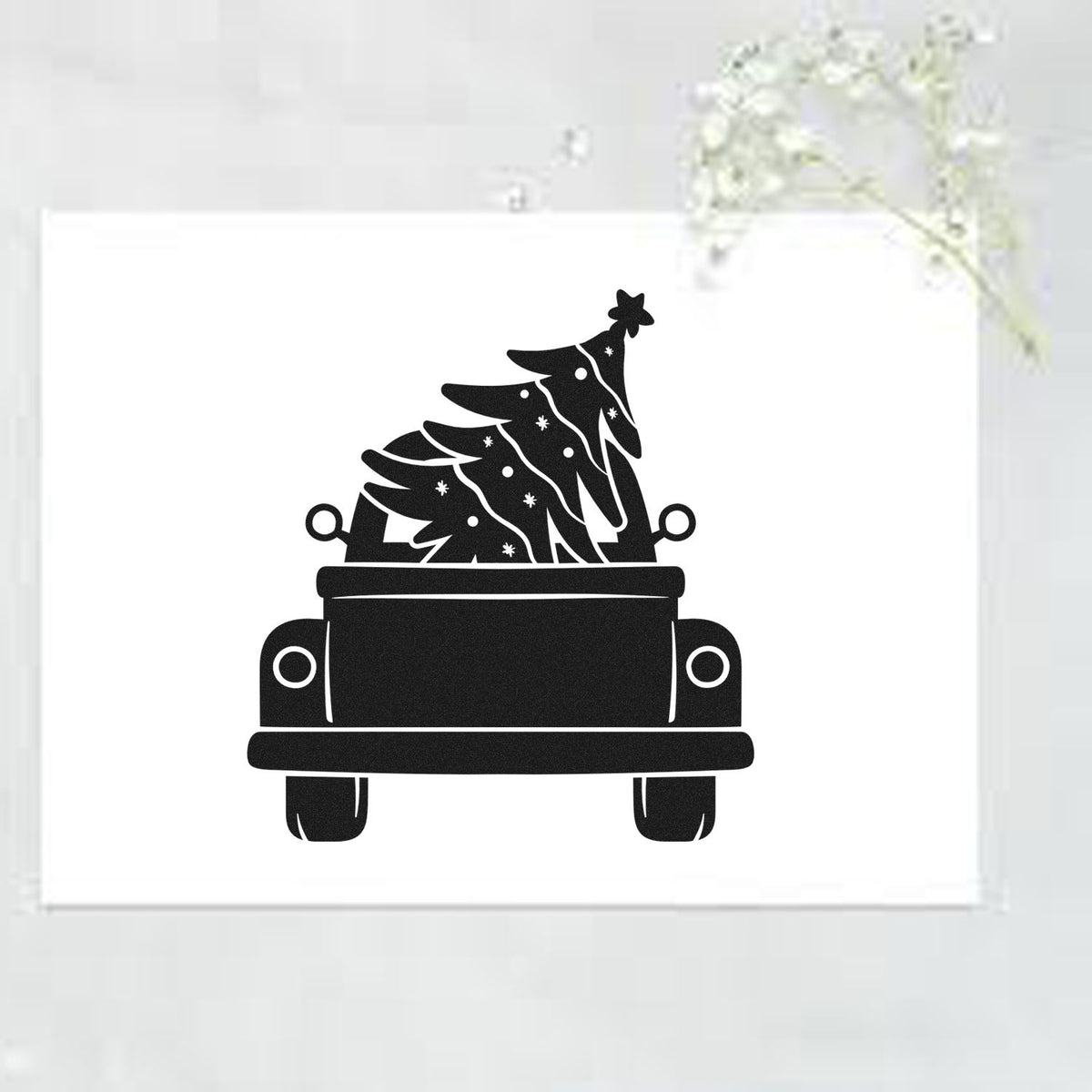 Pickup Truck Christmas Tree Premium Wood-Mounted Stamp - Vintage Pro imprint stamped in black ink. A rear-view pickup truck carries a decorated Christmas tree topped with a star.