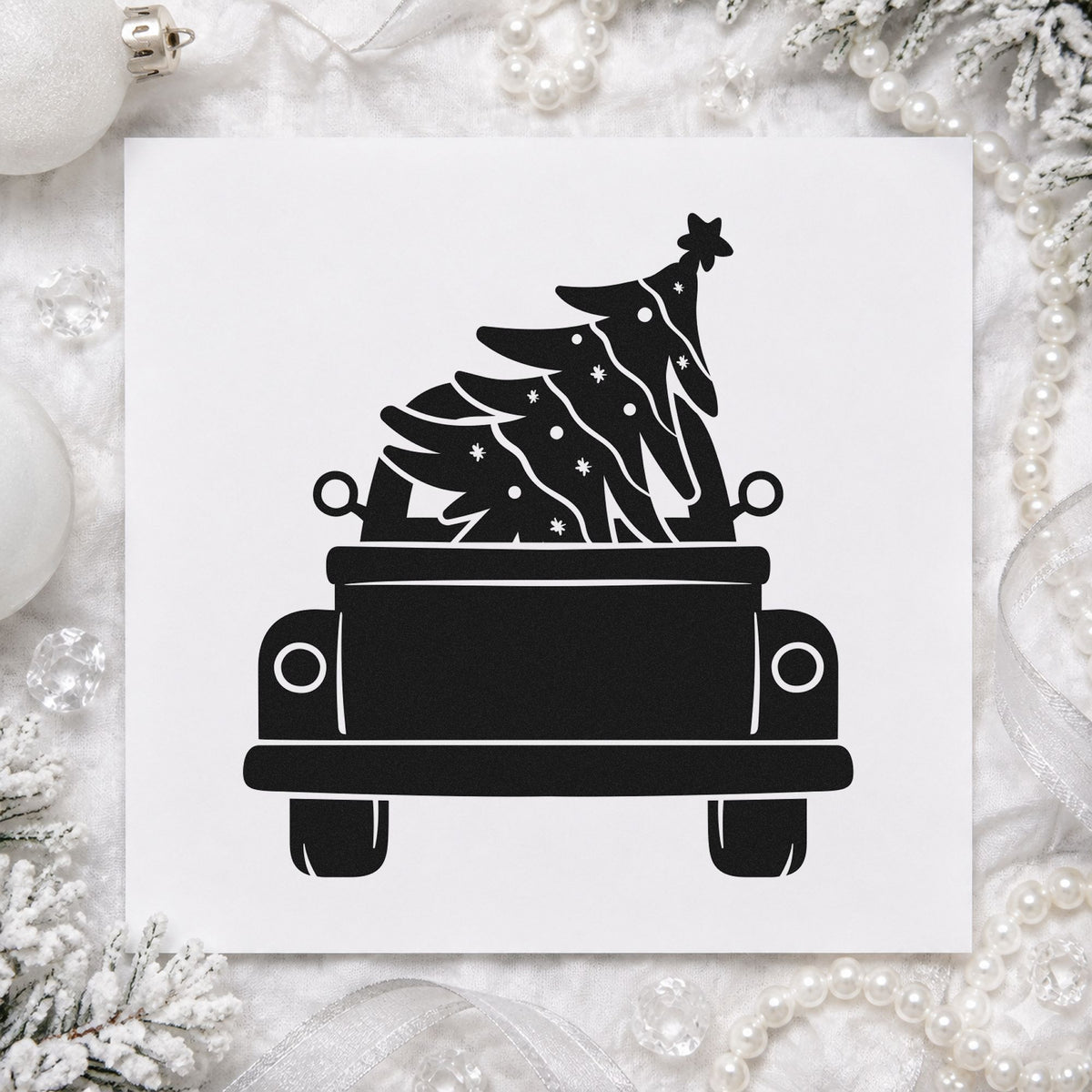 Pickup Truck Christmas Tree rubber stamp printed in black ink, ready for tree truck cards and similar paper crafts.