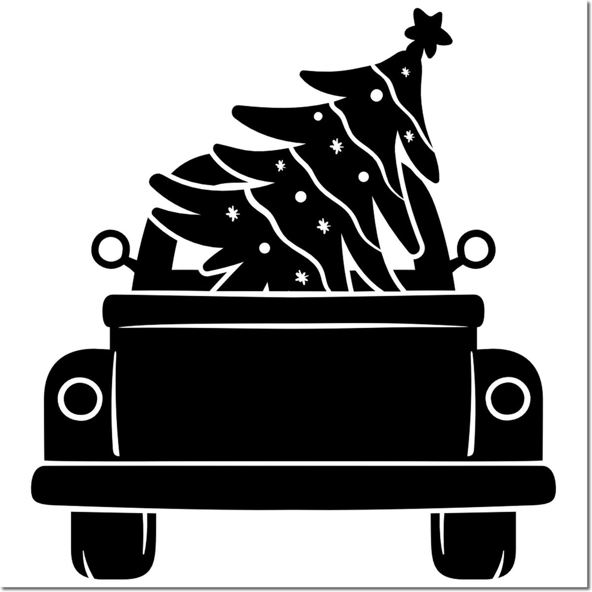 Black Christmas tree stamp seal silhouette with snowflake accents and rounded base on white background