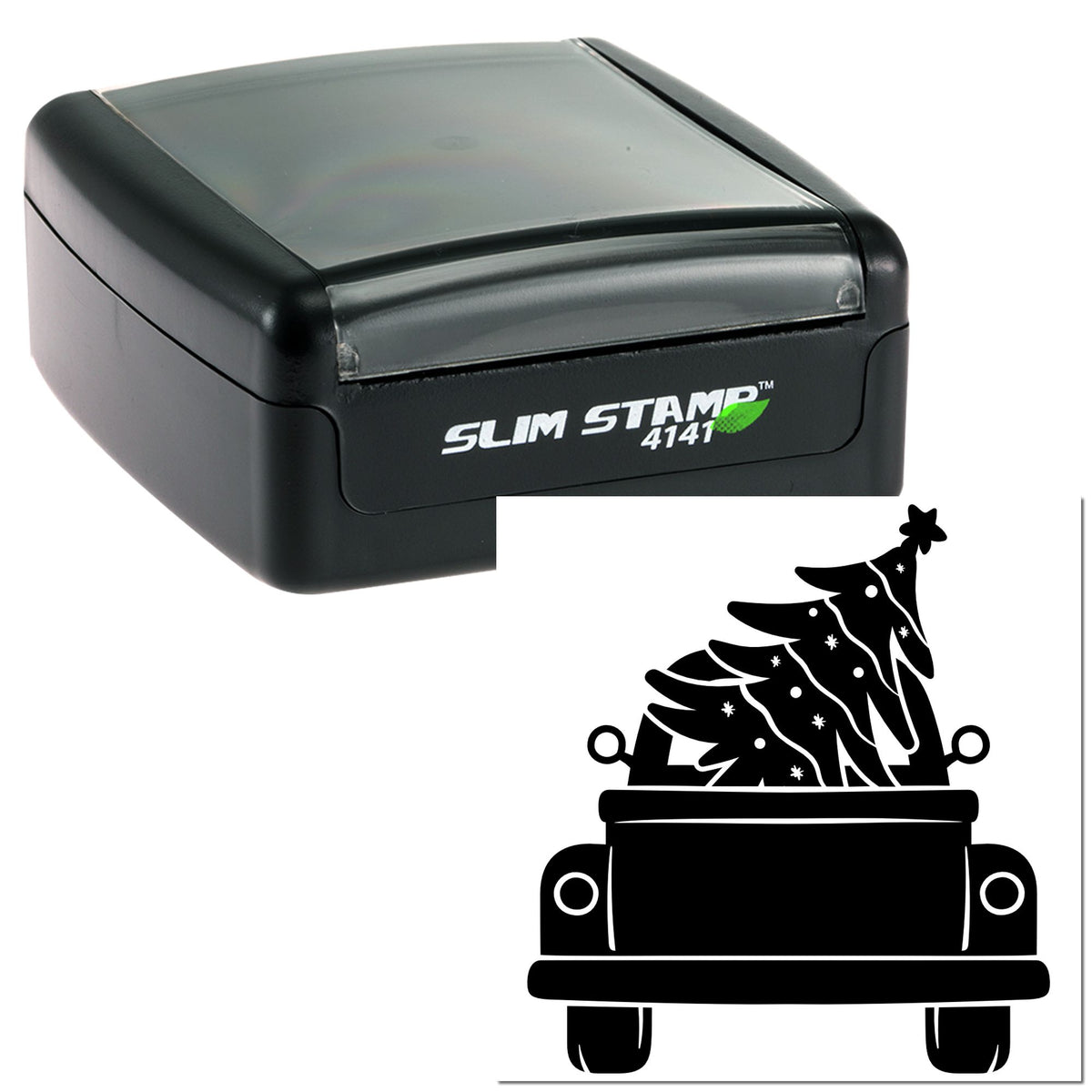 Black Slim Stamp 4141 self-inking stamp with festive Christmas tree seal design on white background.