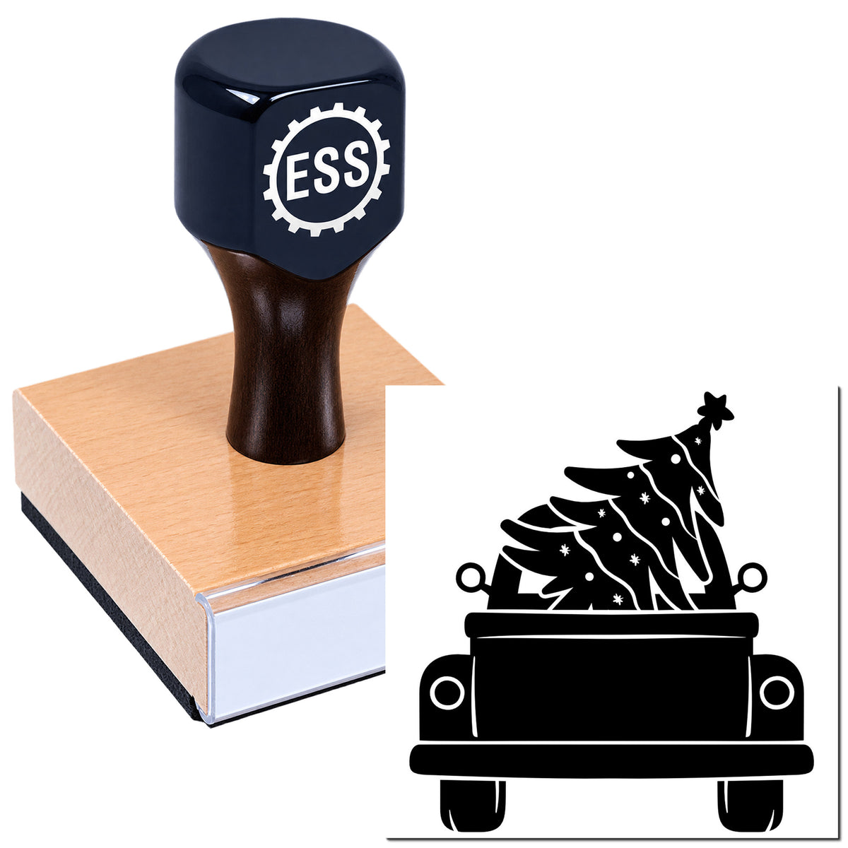 Navy ESS rubber stamp on a wooden block with a black Christmas tree in pot seal design.