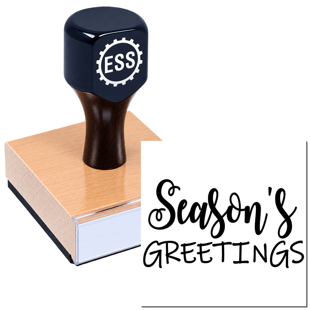 Navy ESS stamp and seal on wooden block with black "Season's Greetings" design.