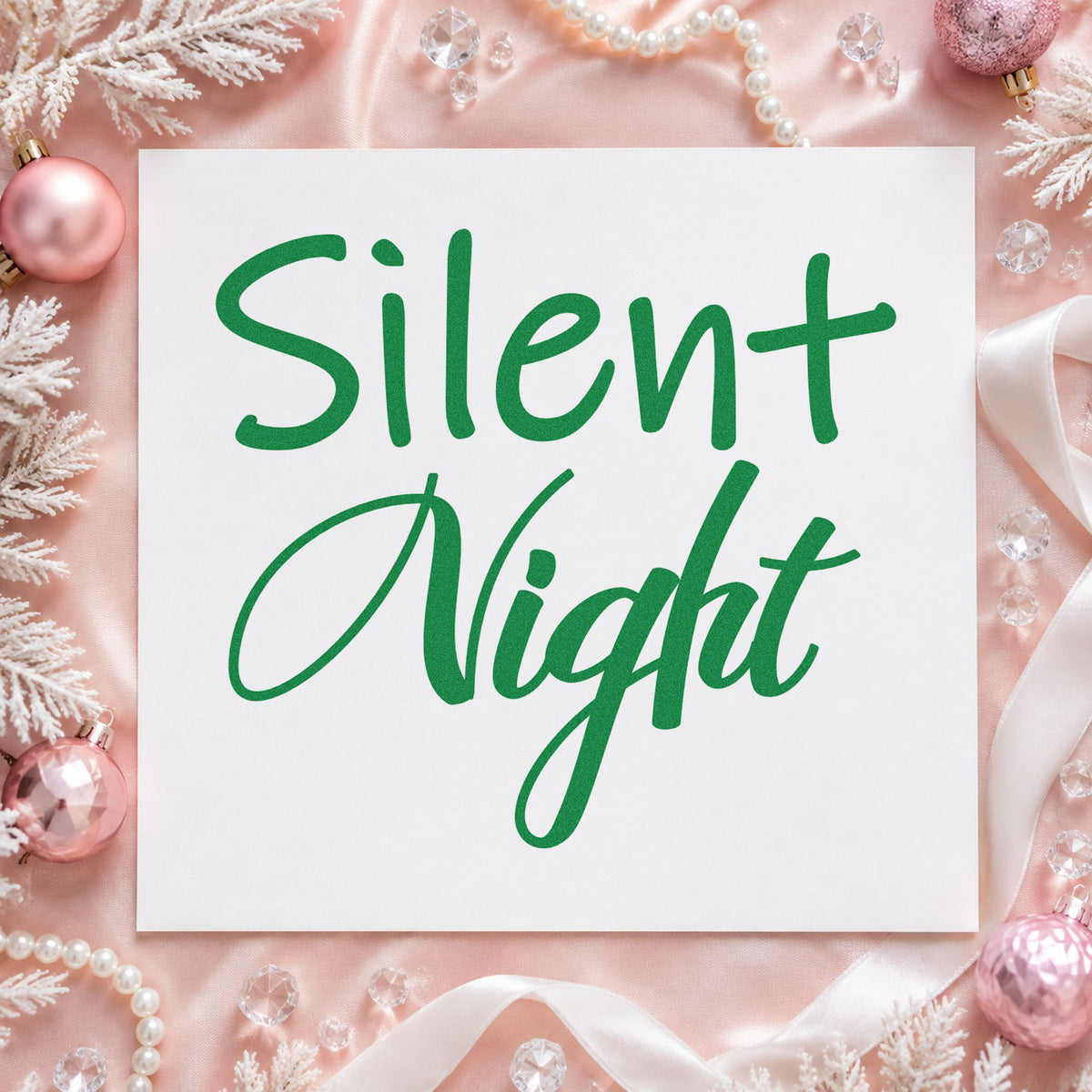 Silent Night Mixed Script craft stamp imprint in green ink on a handmade project, one idea being sleep sack gift tags.