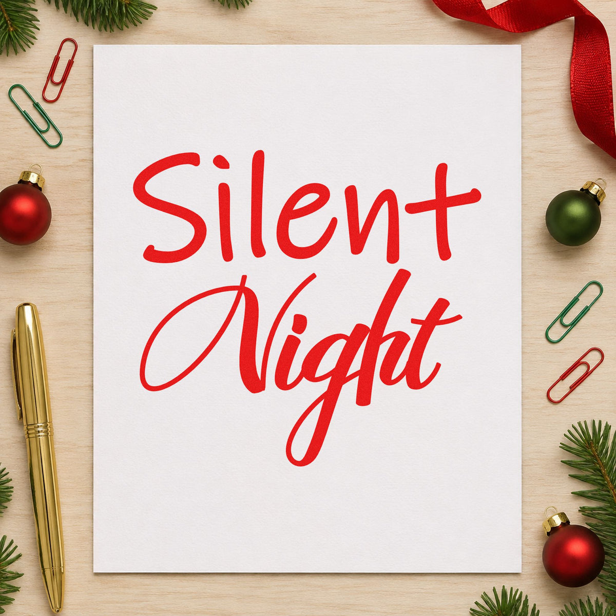 Silent Night Mixed Script craft stamp in red ink on cardstock, an easy option for blackout curtain ink.