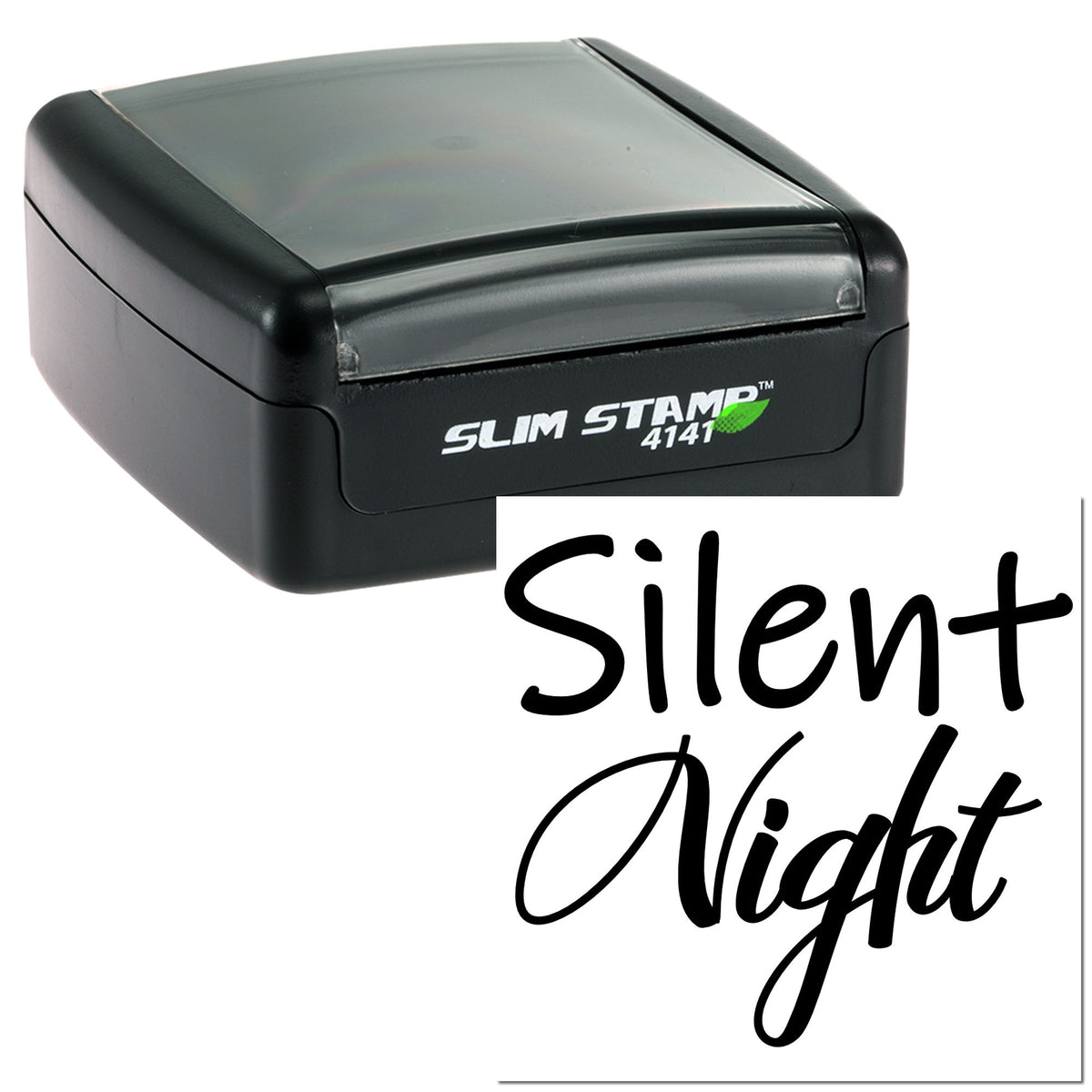 Black Slim Stamp 4141 self-inking stamp seal with gray transparent cover and Silent Night imprint