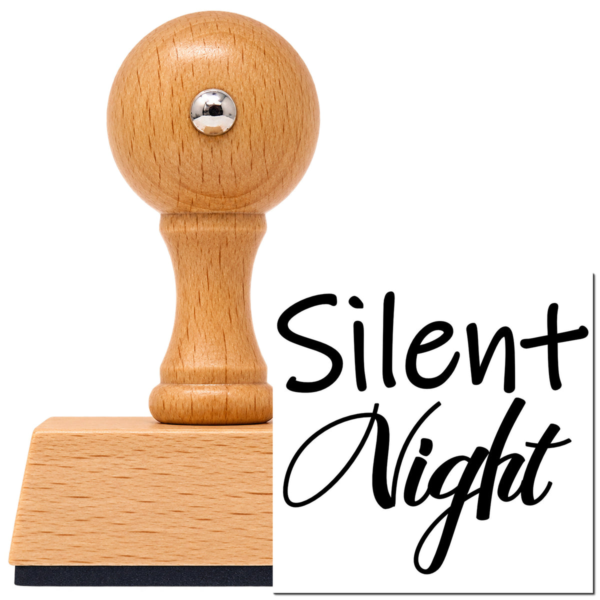 Vintage Pro beech wood stamp with a round knob handle, shown with its black Silent Night Mixed Script imprint on white.