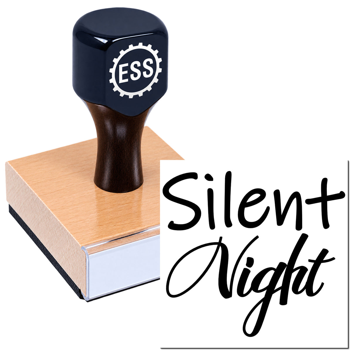 Dark navy ESS stamp and seal on a copper block with white card reading "Silent Night."