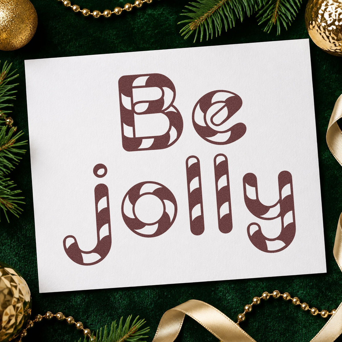 Be Jolly Patterned Letters rubber stamp printed in brown ink, ready for flavor menu sheet and similar paper crafts.