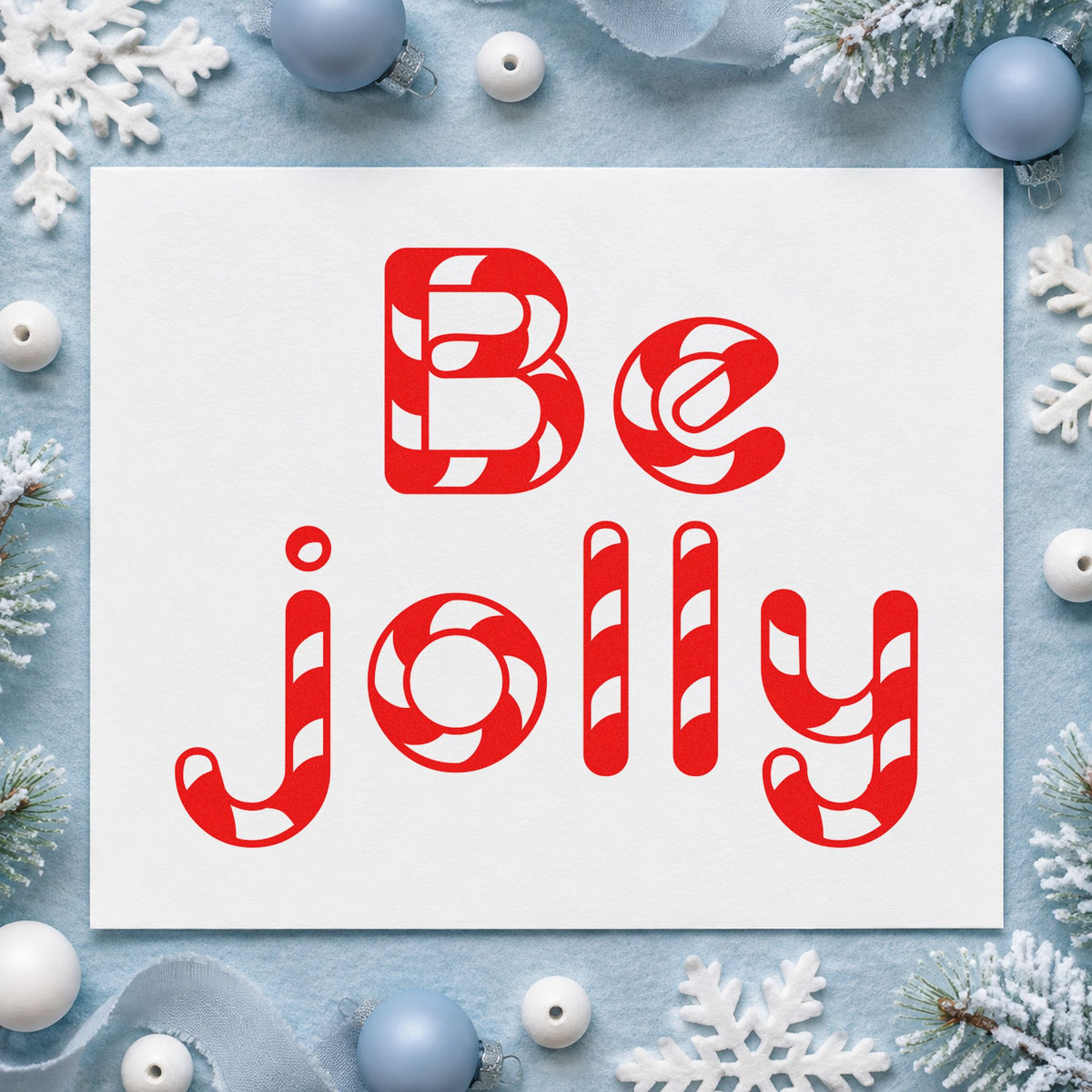 Be Jolly Patterned Letters craft stamp in red ink on cardstock, an easy option for awning cloth printing.
