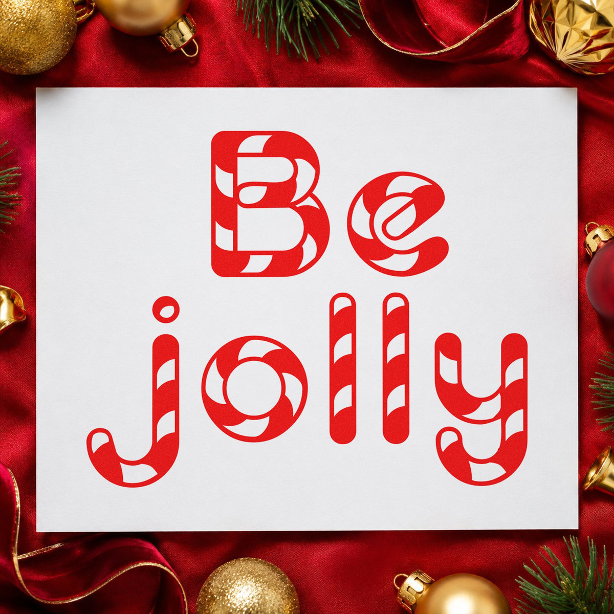 Be Jolly Patterned Letters rubber stamp shown in red ink, stamped for projects such as scoop bin labels.