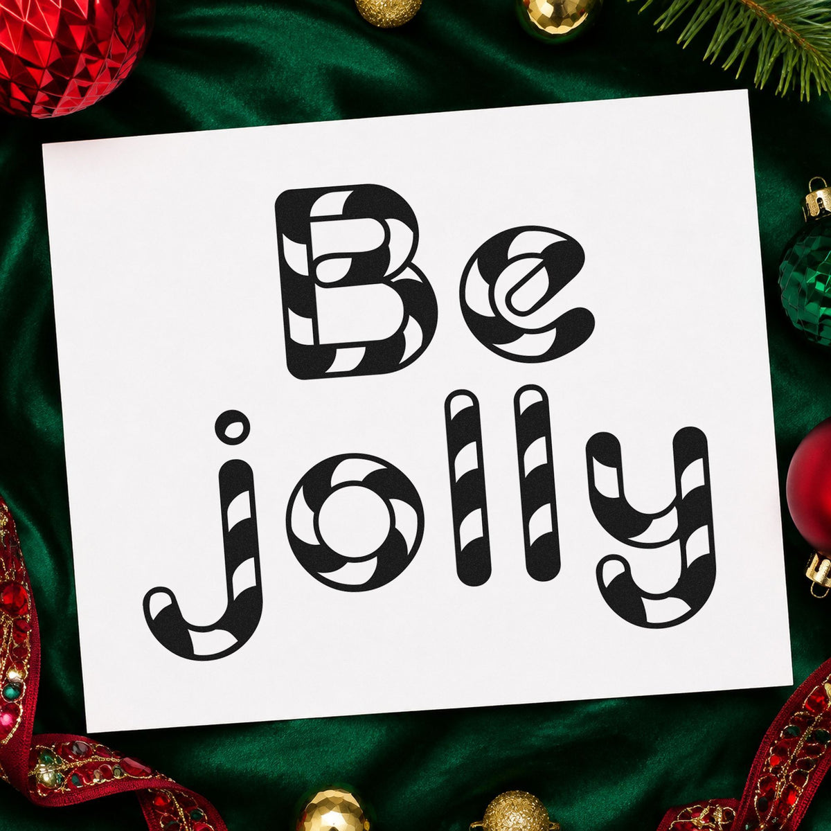 Be Jolly Patterned Letters rubber stamp printed in black ink, ready for striped letter cards and similar paper crafts.