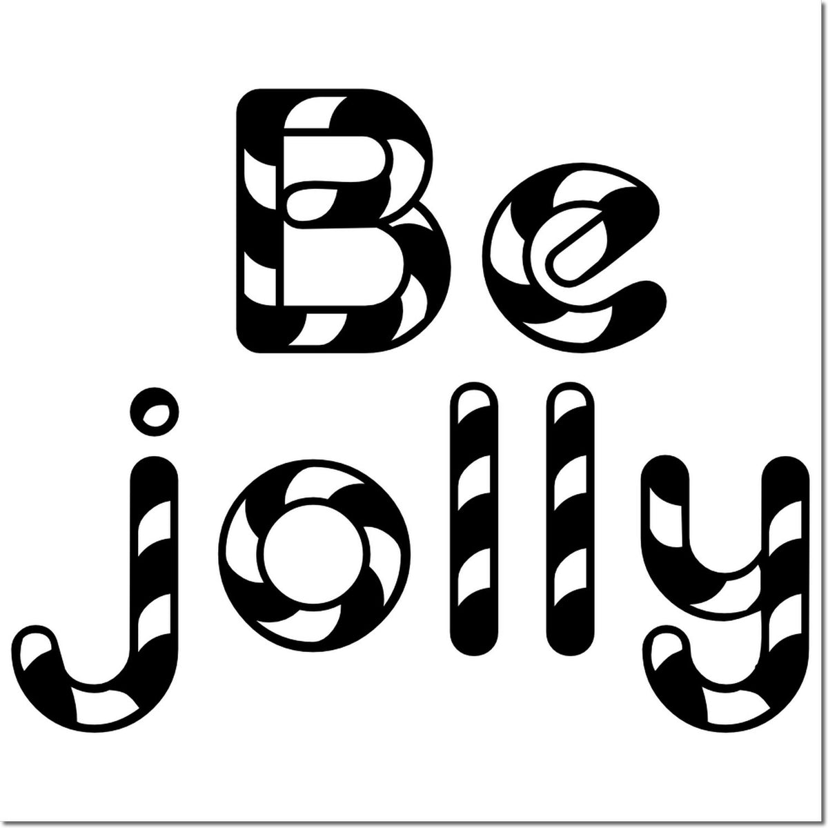 Black candy-cane striped Be Jolly stamp and seal design on white background.
