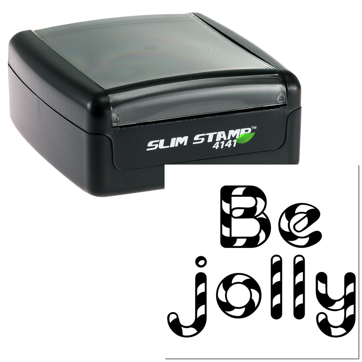 Black Slim Stamp 4141 with translucent gray cover and black Be jolly seal imprint on white background.